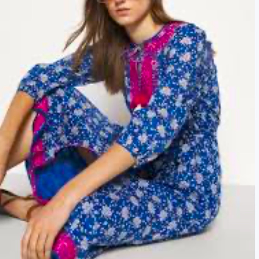 J. Crew Tulum Blue White & Pink Tulum Midi Dress with Embroidery Sz M NWOT